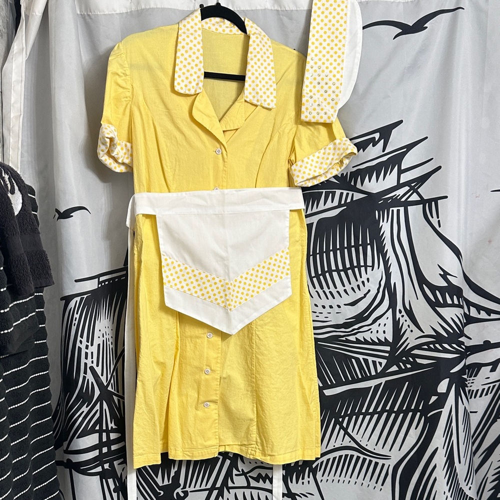 Pinup Diner Girl. Waitress Set. Yellow Polka Dot Dress with White Accents.